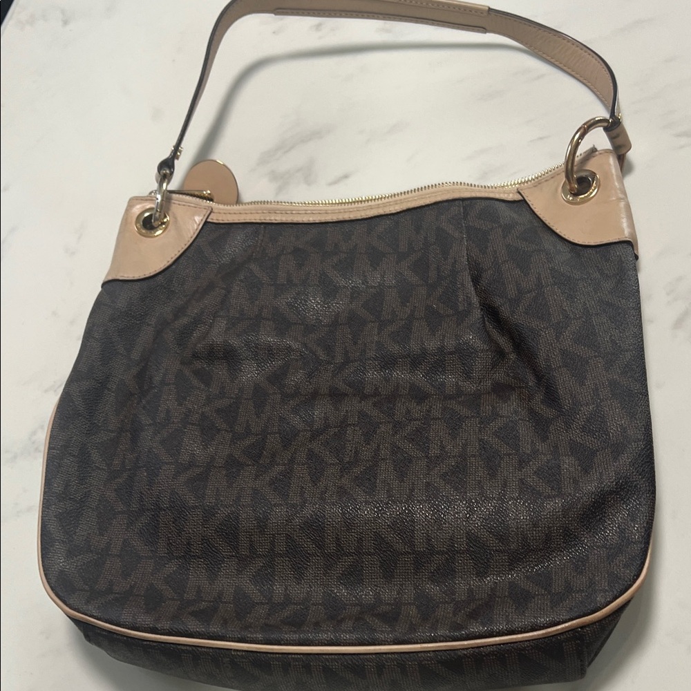 Michael Kors Brown & Beige MK Signature Hobo Shoulder Bag - Picture 2 of 8